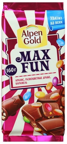 Шоколад Alpen Gold Max Fun молочный с арахисом разноцветными драже и карамелью 160г